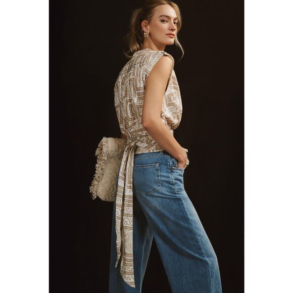 NWT Anthropologie Sleeveless Tan White Wrap Top - Large - Picture 2 of 6